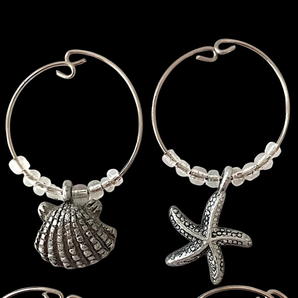 4 Beach Themed Wine Glass Charms Vintage Y2K Silver Tone Beaded Coastal Nautical